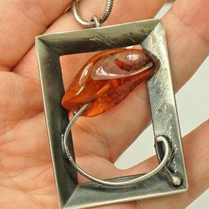 MODERNIST AMBER STERLING PENDANT WITH CHAIN